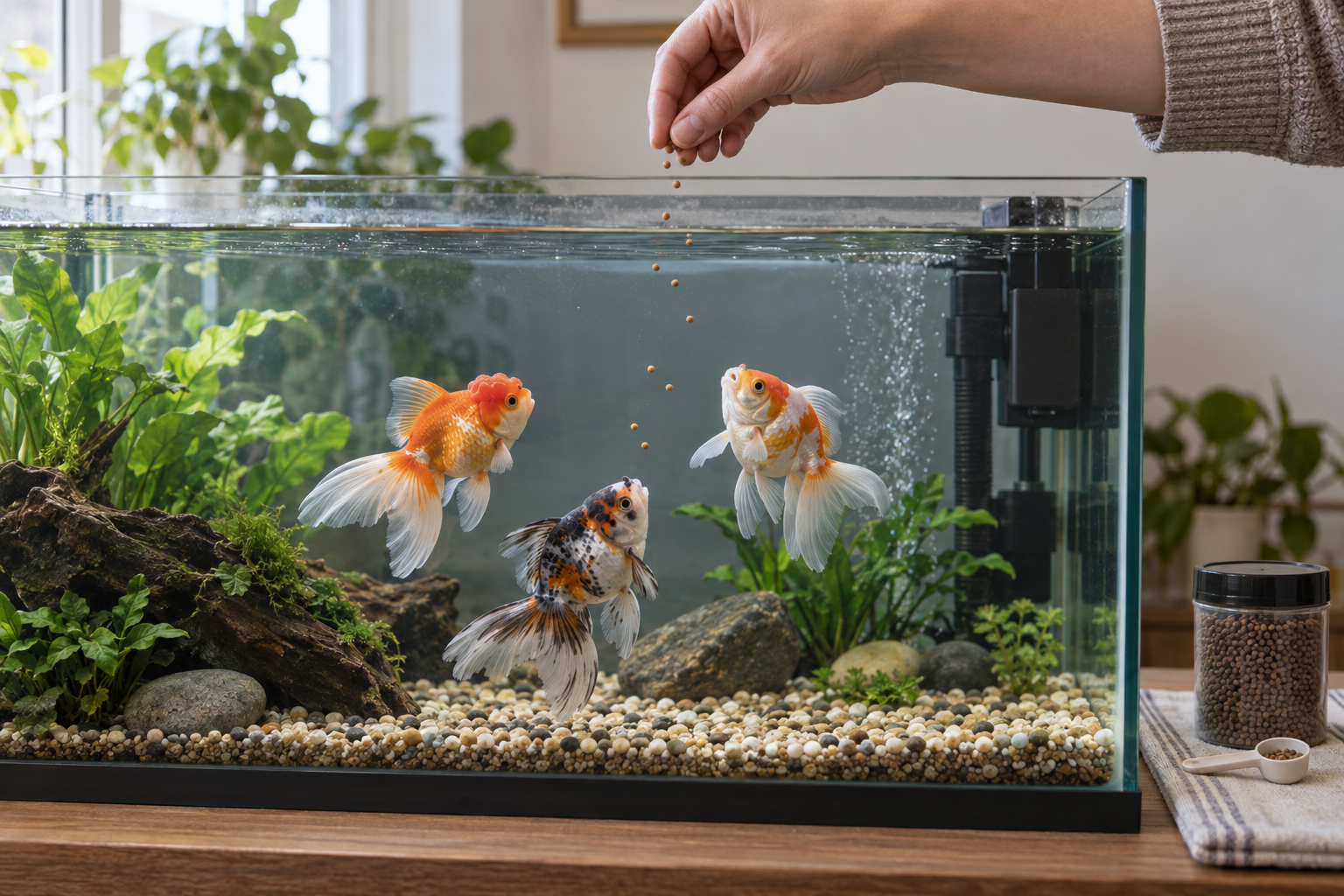Owner releasing a small measured portion of pellets to three goldfish in a filtered aquarium