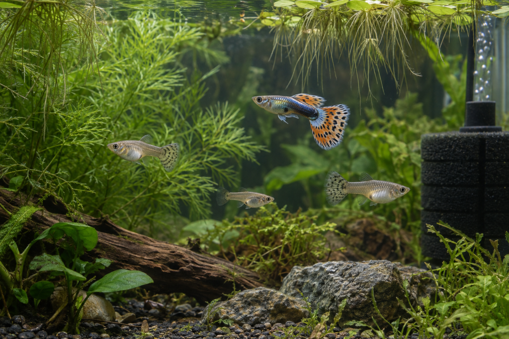 Small guppy group in a planted aquarium with a sponge filter