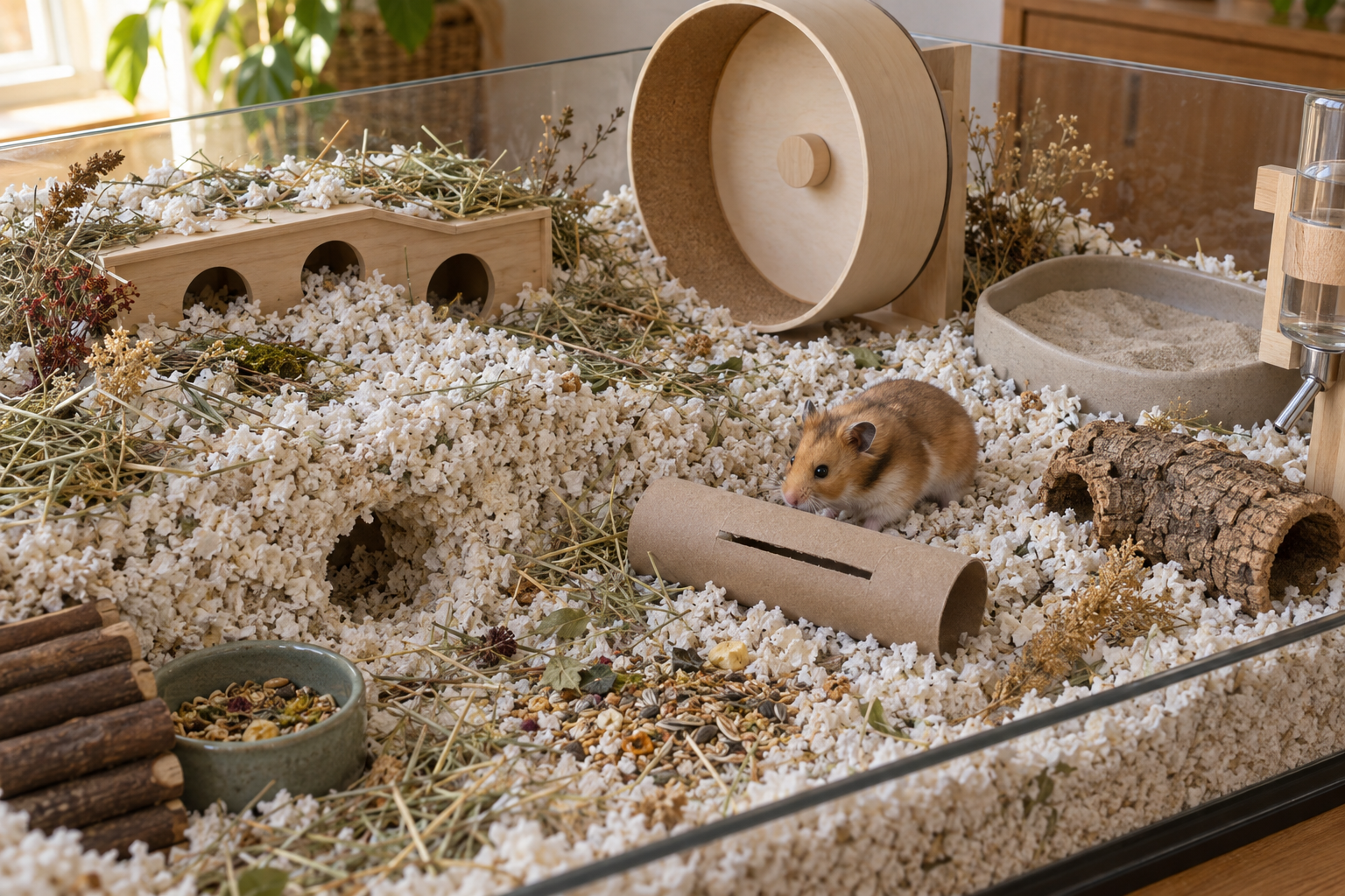 Syrian hamster exploring deep paper bedding with a wheel, hide, sand bath and tunnels