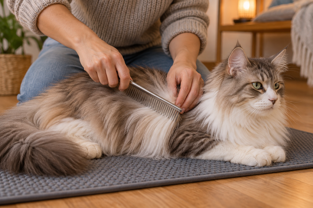 A long-haired cat being gently combed on a non-slip mat while the coat is supported near the skin