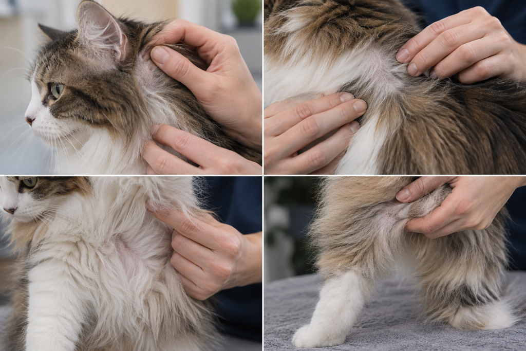 Hands parting a long-haired cat's coat to inspect common mat-prone areas behind the ear, under the front leg and near a hind leg