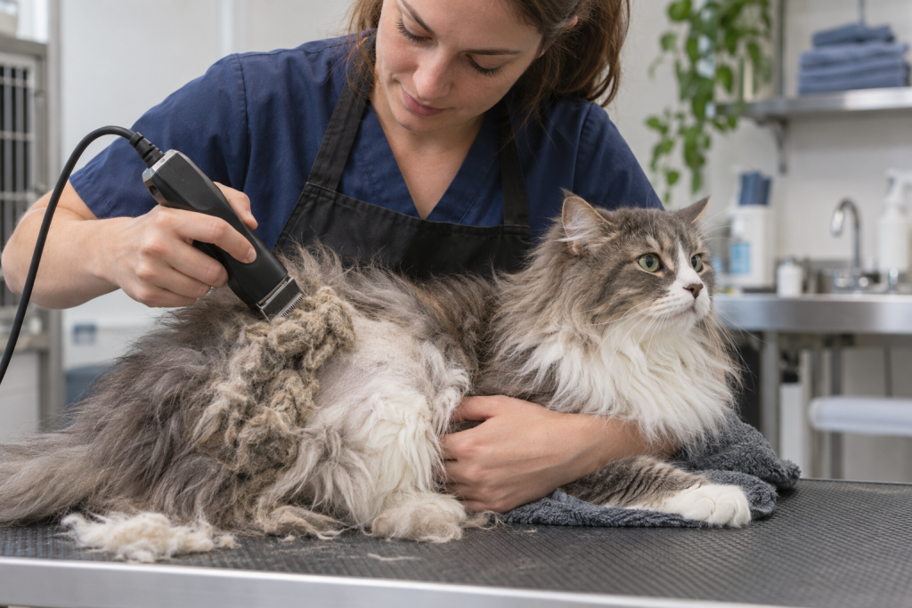 A trained professional using electric clippers to remove severe matting from a supported long-haired cat