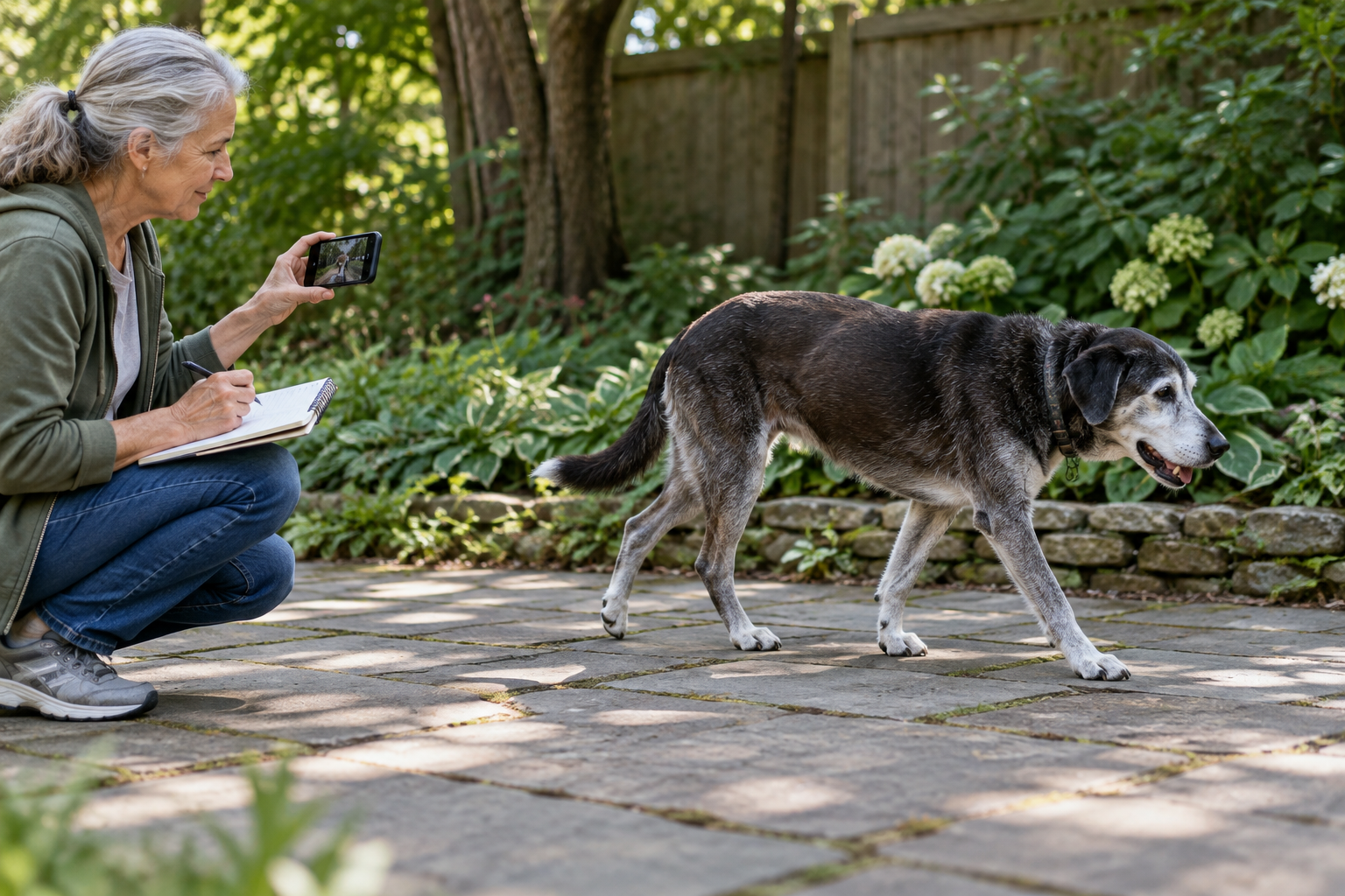 Owner recording a gray-muzzled senior dog's gait from the side