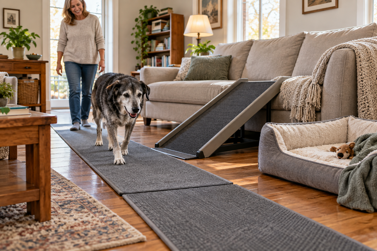 Senior dog walking on non-slip runners beside a stable sofa ramp and low-entry bed